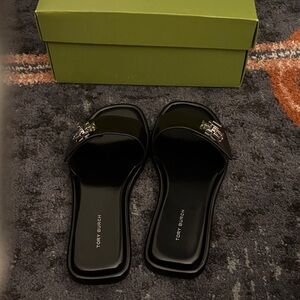 Tory Burch Black Slide Sandals with Silver Logo